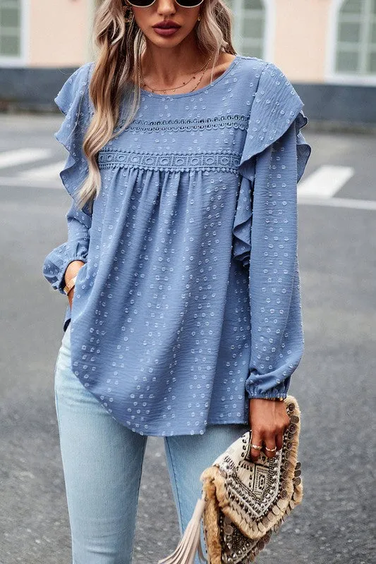 TEEK - Lace Eyelet Ruffle Shoulder Long Sleeve Blouse