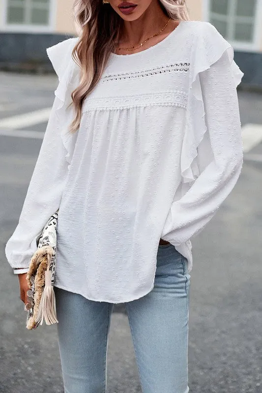 TEEK - Lace Eyelet Ruffle Shoulder Long Sleeve Blouse
