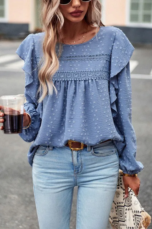 TEEK - Lace Eyelet Ruffle Shoulder Long Sleeve Blouse