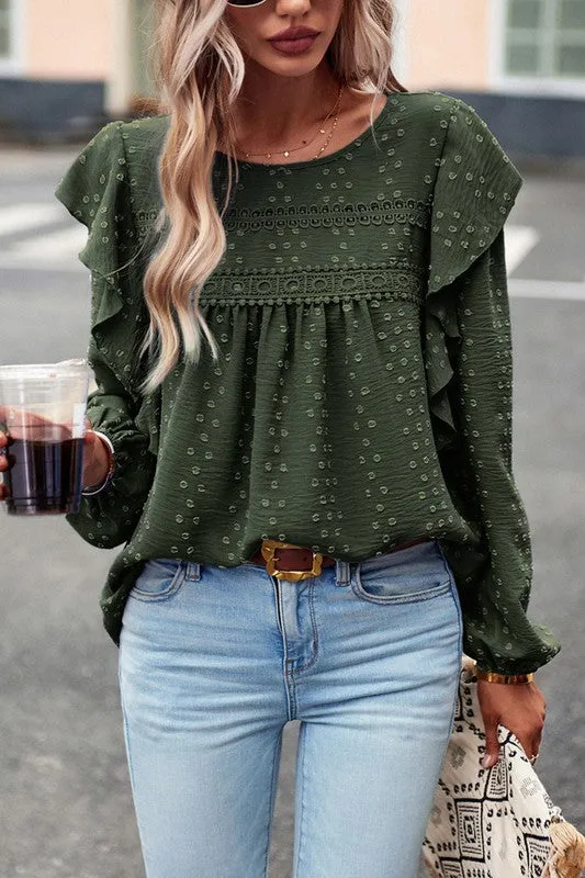 TEEK - Lace Eyelet Ruffle Shoulder Long Sleeve Blouse