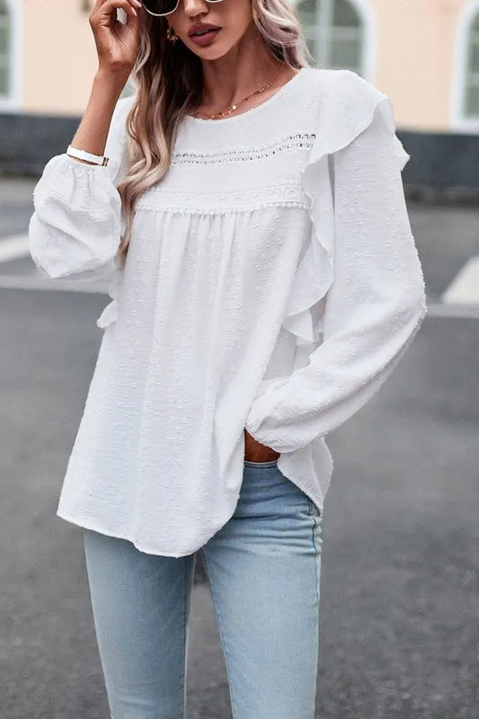 TEEK - Lace Eyelet Ruffle Shoulder Long Sleeve Blouse