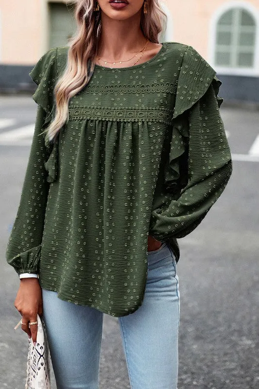 TEEK - Lace Eyelet Ruffle Shoulder Long Sleeve Blouse