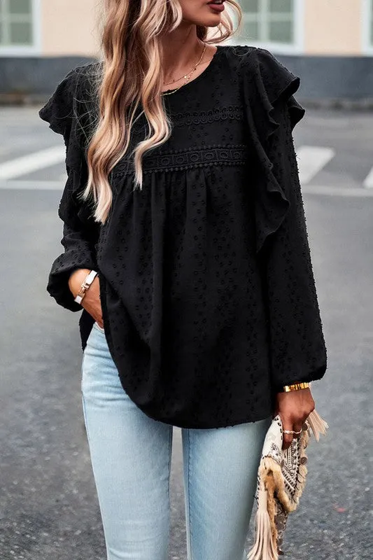 TEEK - Lace Eyelet Ruffle Shoulder Long Sleeve Blouse
