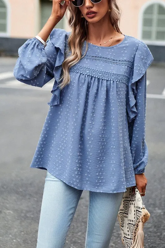 TEEK - Lace Eyelet Ruffle Shoulder Long Sleeve Blouse