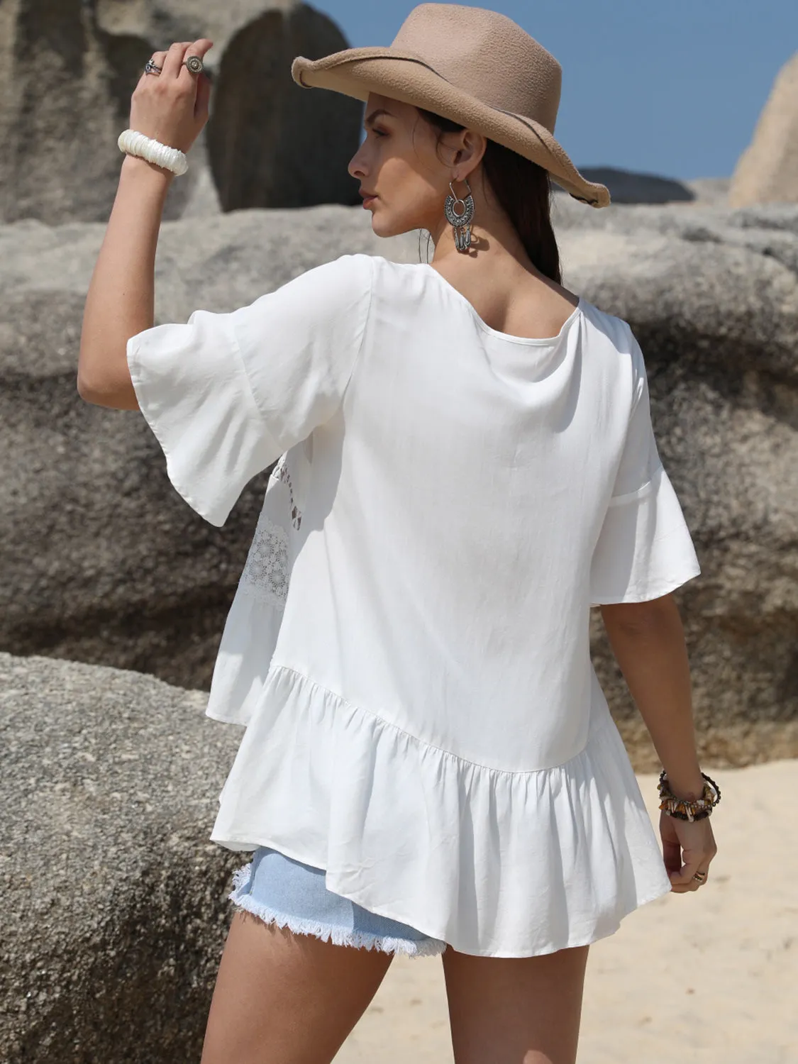 TEEK - White Lace Detail Round Neck Half Sleeve Blouse