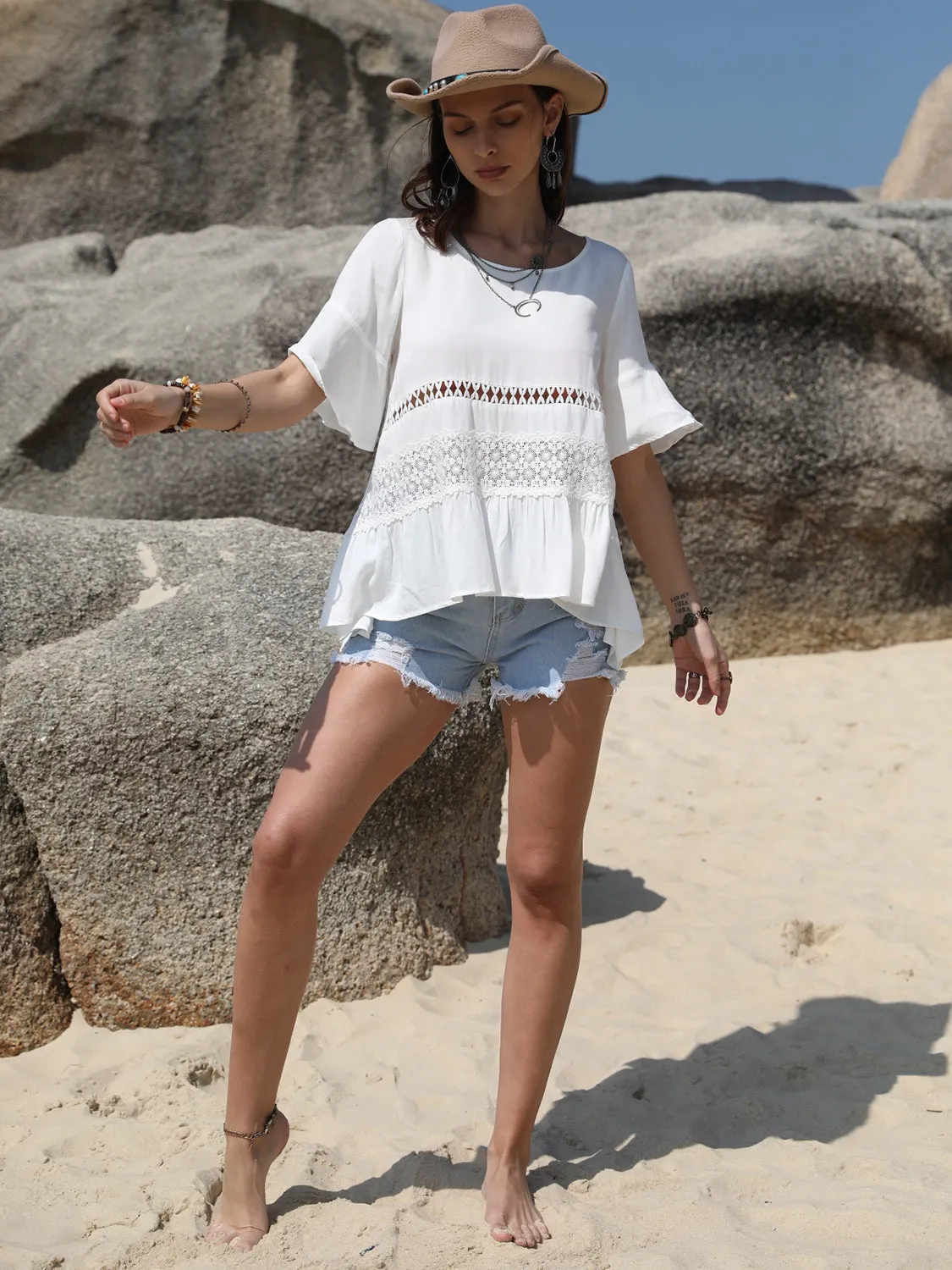 TEEK - White Lace Detail Round Neck Half Sleeve Blouse