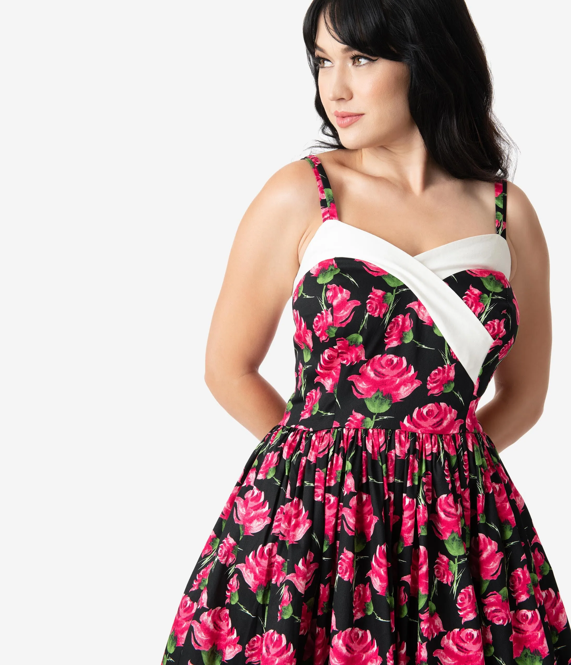 Unique Vintage Black & Pink Floral Print Darienne Swing Dress