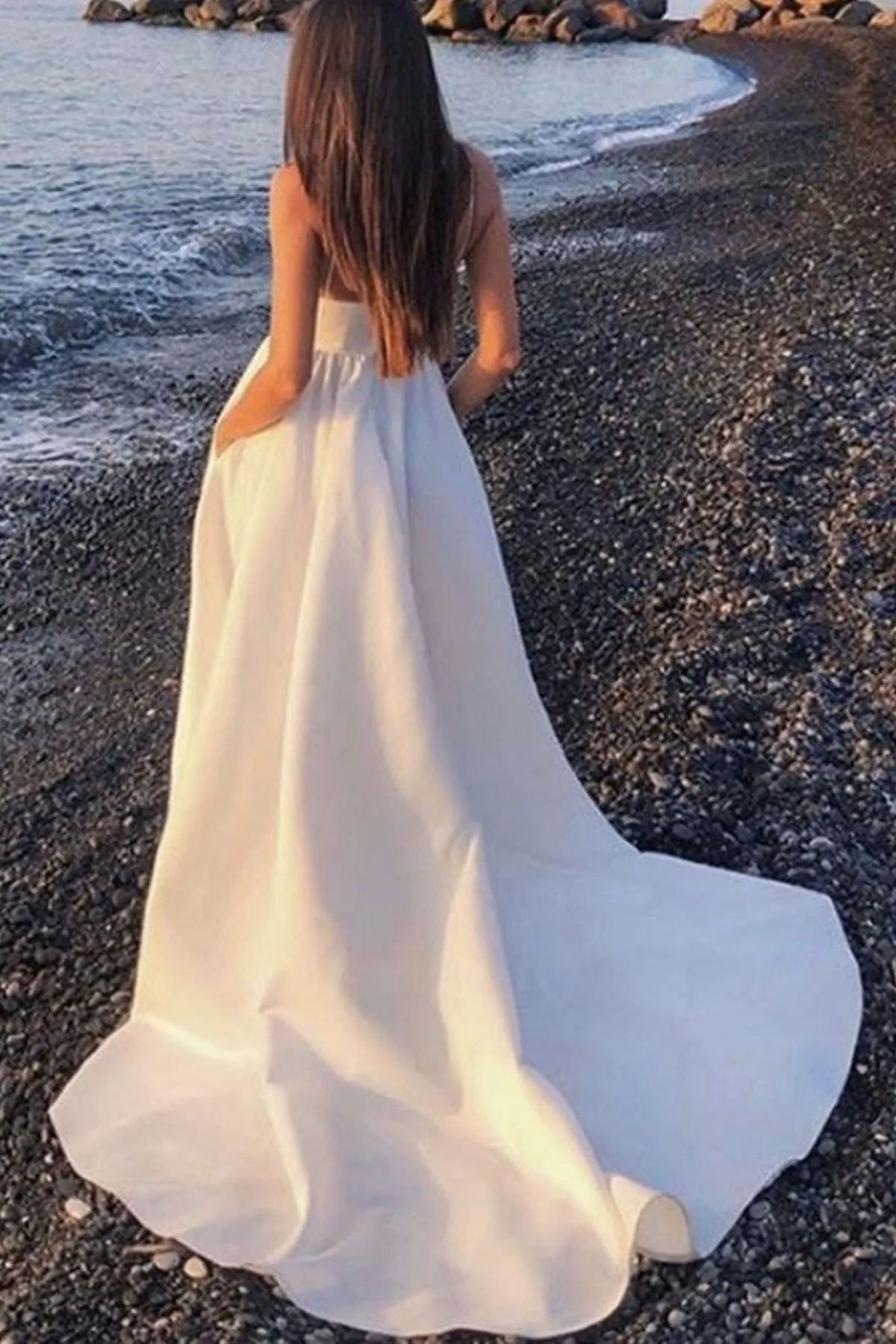 V Neck Open Back White Long Prom Dress with High Slit, V Neck White Formal Graduation Evening Dress A1683