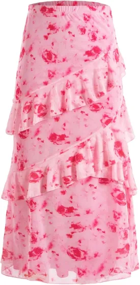 Verdusa Women's Floral Flowy Skirt Mesh Renaissance Layered Ruffle Boho Summer Cute Midi Skirts
