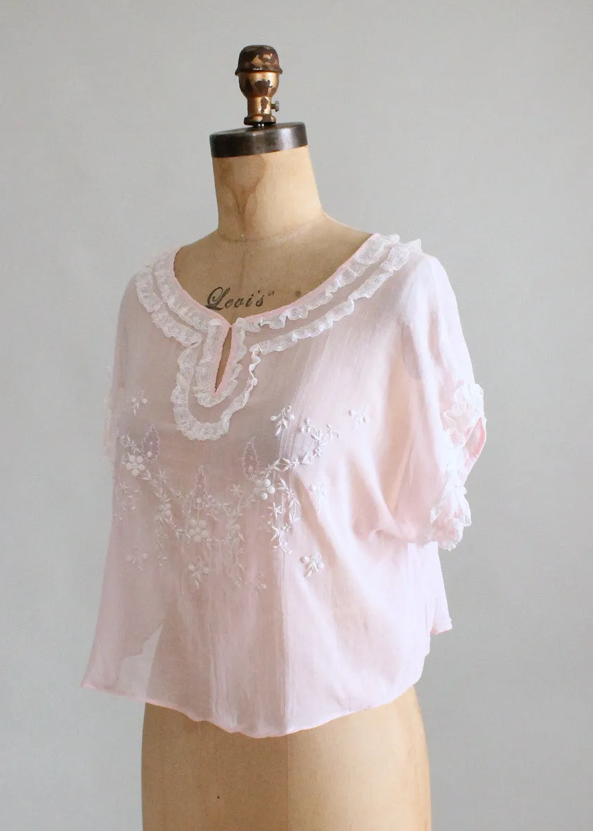 Vintage 1920s Embroidered Pink Cotton Blouse