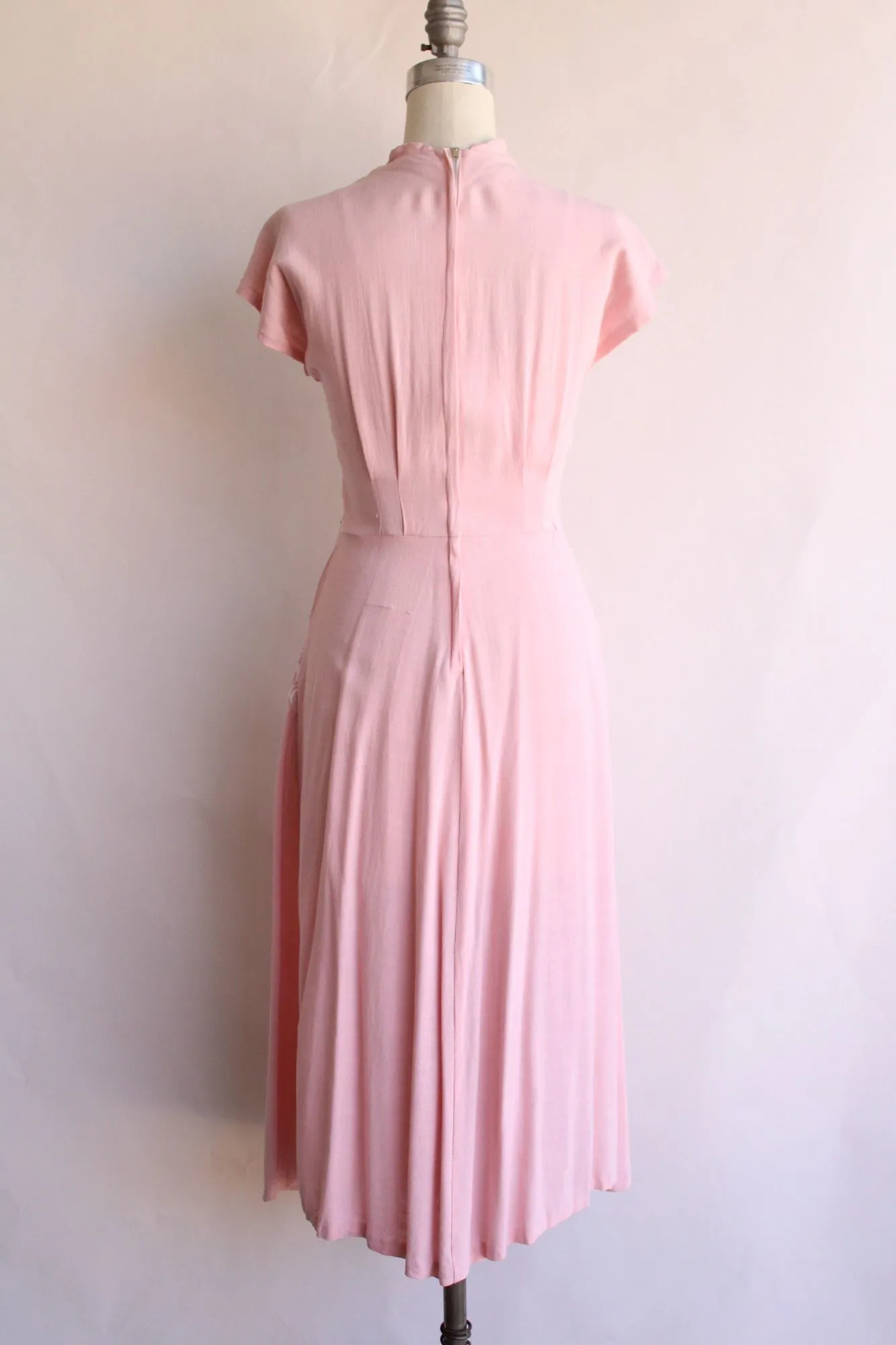 Vintage 1950s  Pink with White Floral Embroidery Cotton Day Dress