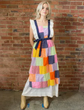 Vintage 70s Multicolor Patchwork Apron Maxi Dress White Small