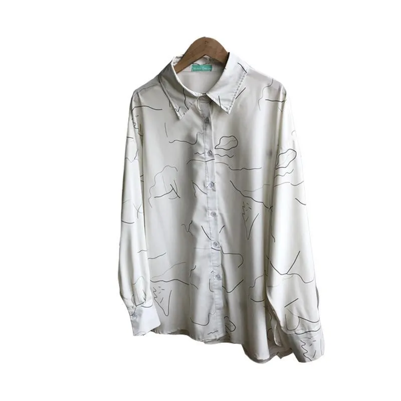 White Abstract Lines Print Chiffon Oversized Blouse