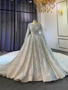 White Long Sleeve Beading Sequins Long Train Wedding Dress