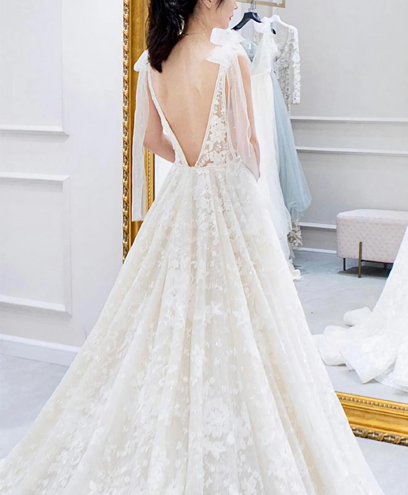 White V Neck Lace Long Prom Dress White Lace Wedding Dress