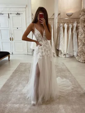 White V Neck Tulle Lace Long Prom Dress