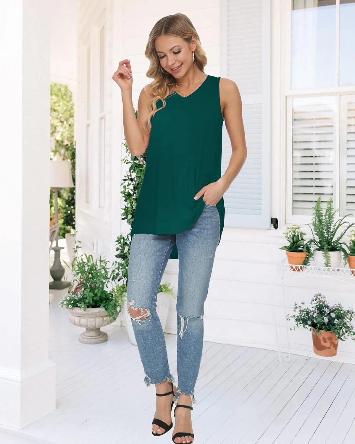 WNEEDU Women's Summer Sleeveless V Neck Tunic Casual T-Shirt Tank Tops Blouse
