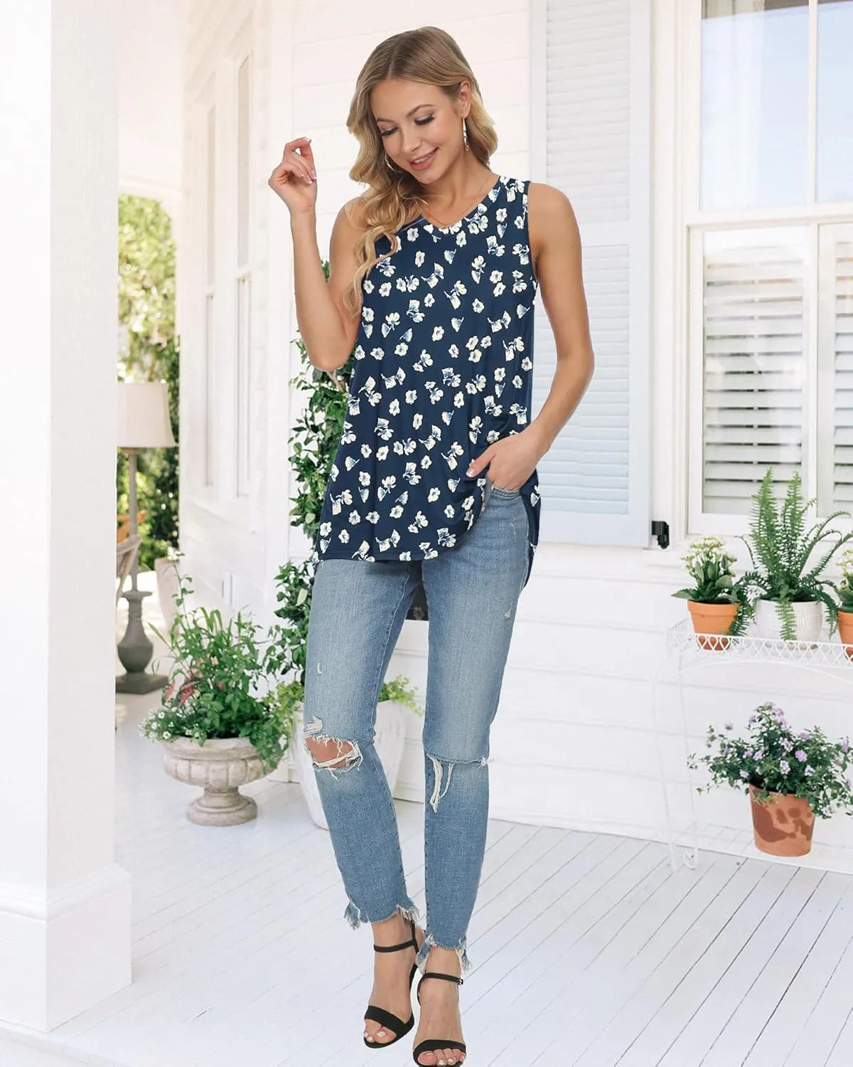 WNEEDU Women's Summer Sleeveless V Neck Tunic Casual T-Shirt Tank Tops Blouse