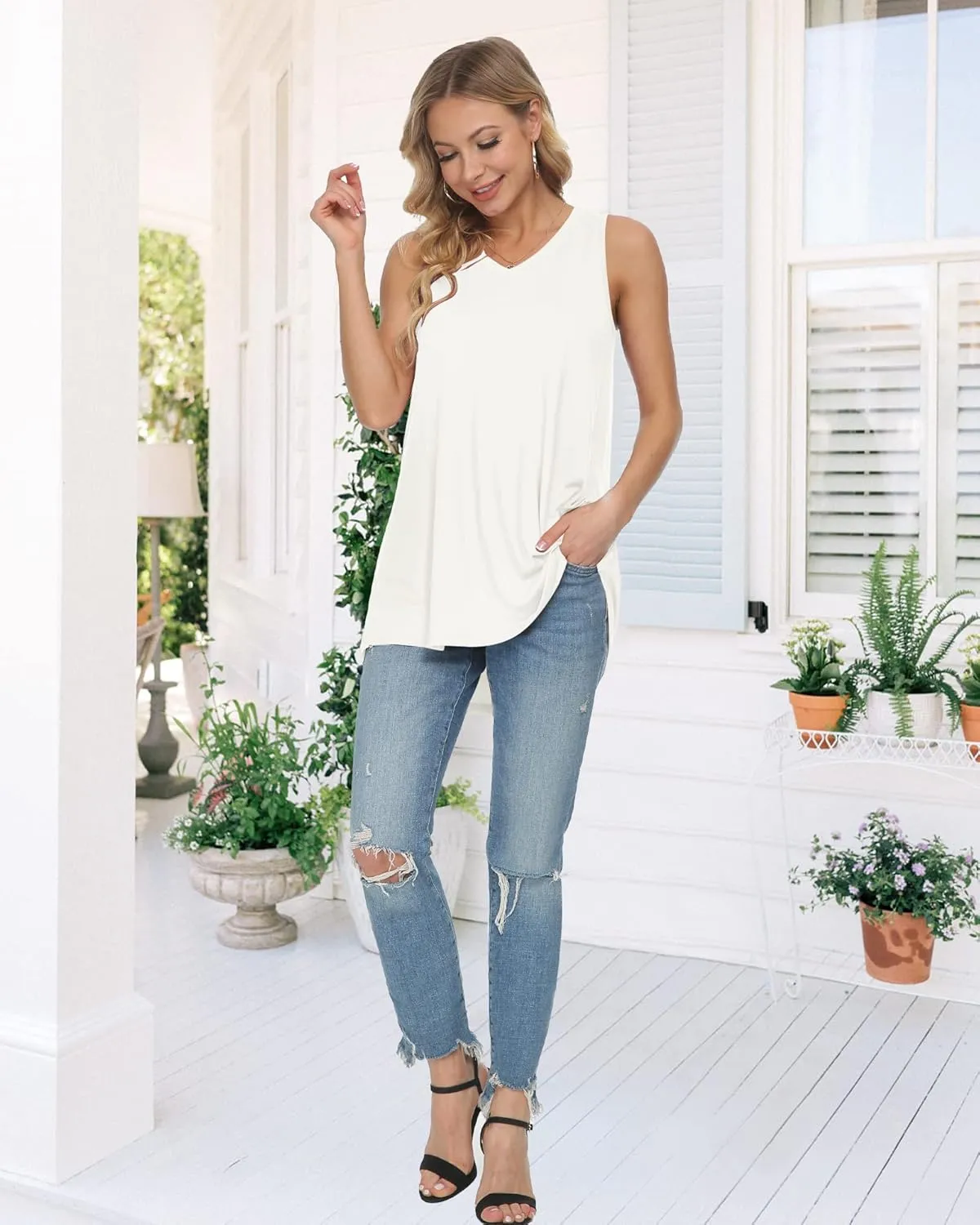 WNEEDU Women's Summer Sleeveless V Neck Tunic Casual T-Shirt Tank Tops Blouse