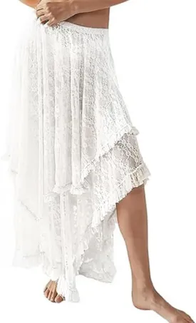 Women Floral Lace Long Skirt Asymmetrical Layered Summer Sheer Maxi Skirts Sexy See-Through Flowy Boho Beach Skirt