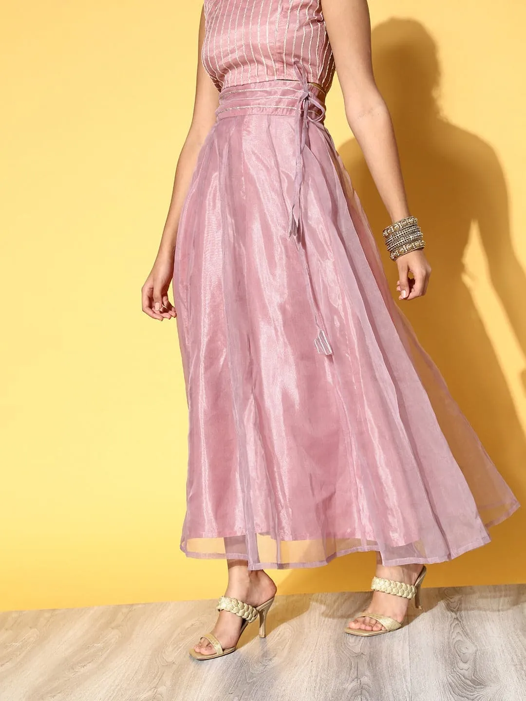 Women Lavender Embroidered Gota Waistband Anarkali Skirt