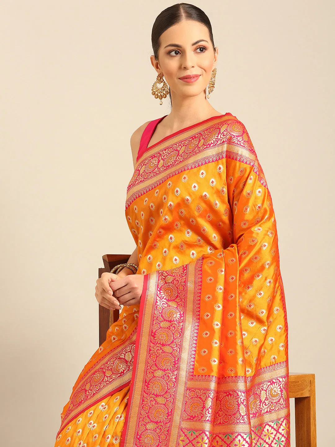 Women Mustard Banarasi Silk Saree With Un Stitched Blouse