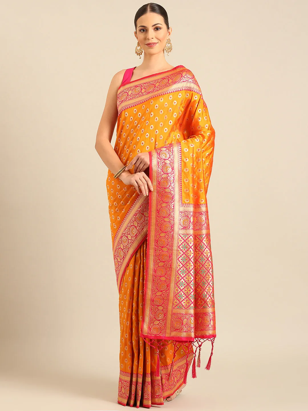 Women Mustard Banarasi Silk Saree With Un Stitched Blouse