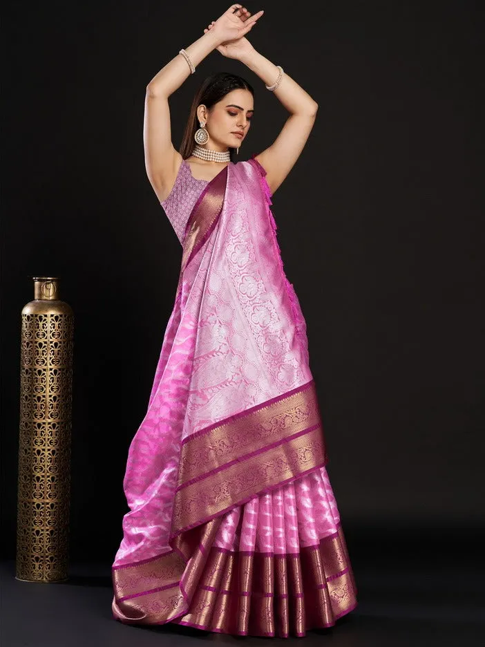 Women Party Wear Designer Pink Colour Kanjivaram Silk Saree Collection