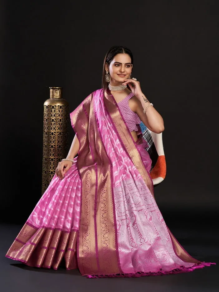 Women Party Wear Designer Pink Colour Kanjivaram Silk Saree Collection
