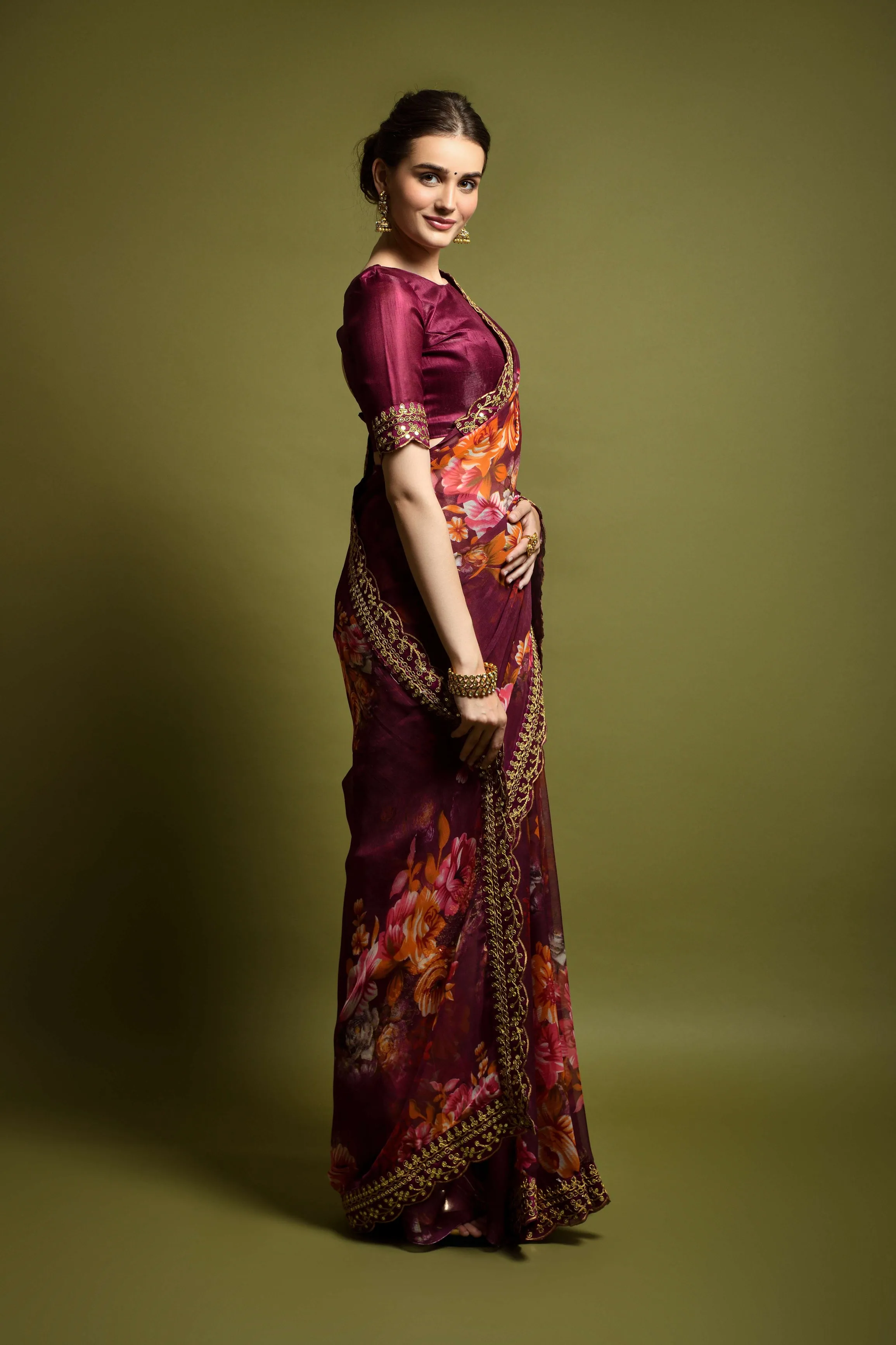 Women Party Wear Designer Wine Colour Heavy Georgette Fabric Flower Printed with Heavy Lace Border