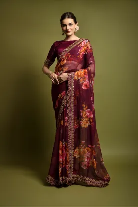Women Party Wear Designer Wine Colour Heavy Georgette Fabric Flower Printed with Heavy Lace Border
