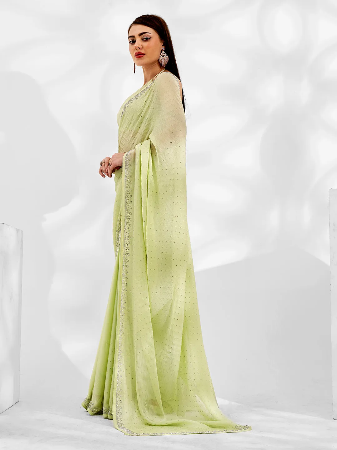 Women Party Wear Stone Worked Satin Chiffon Saree With Un Stitched Blouse