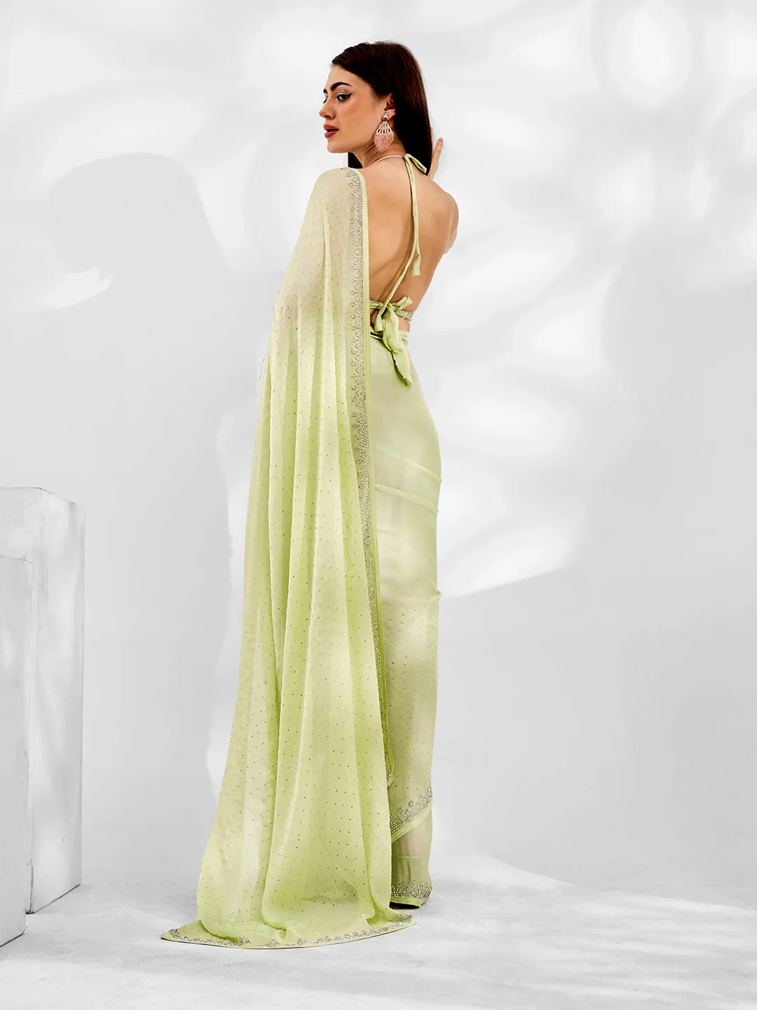 Women Party Wear Stone Worked Satin Chiffon Saree With Un Stitched Blouse