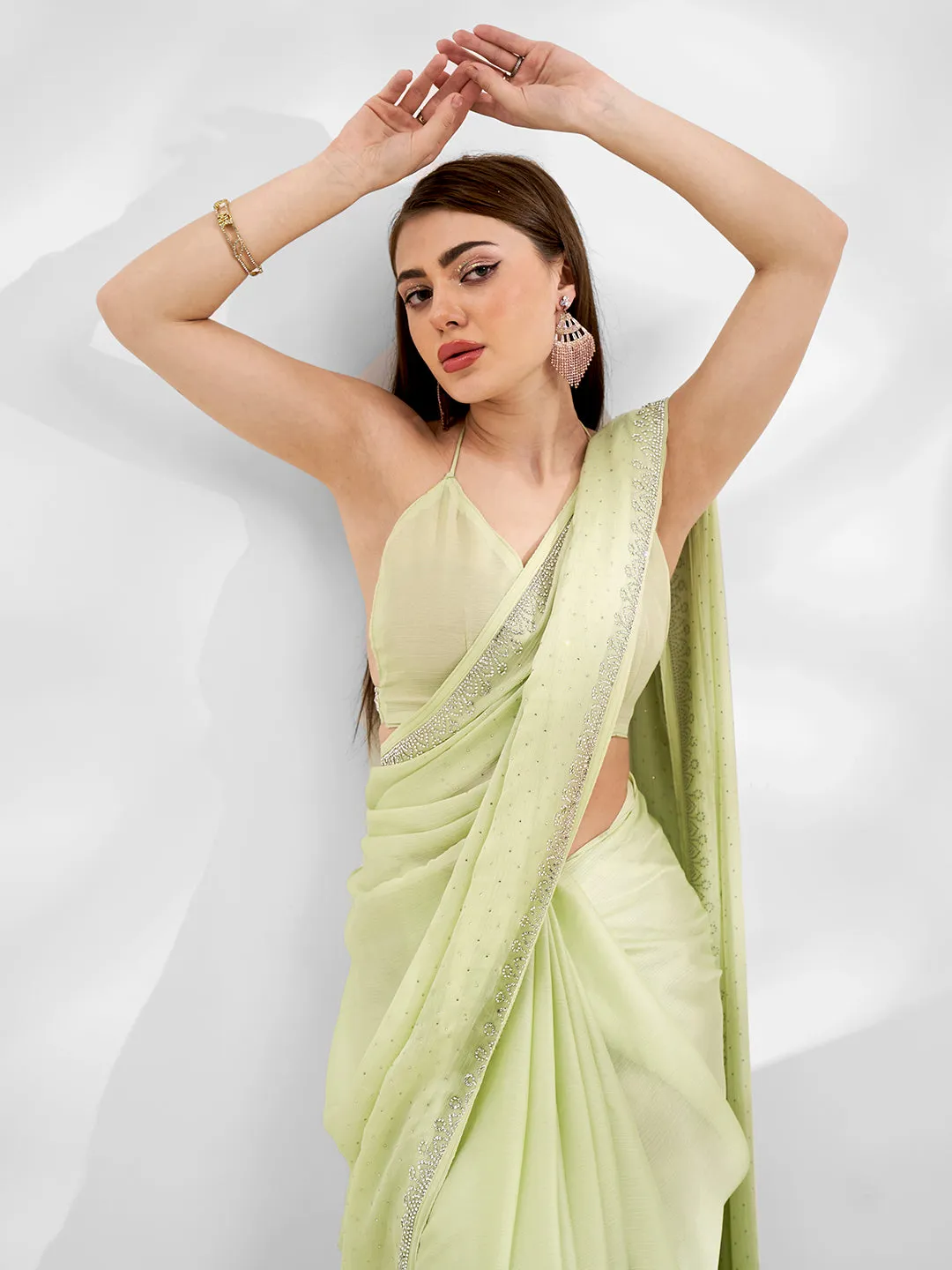 Women Party Wear Stone Worked Satin Chiffon Saree With Un Stitched Blouse