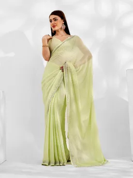 Women Party Wear Stone Worked Satin Chiffon Saree With Un Stitched Blouse