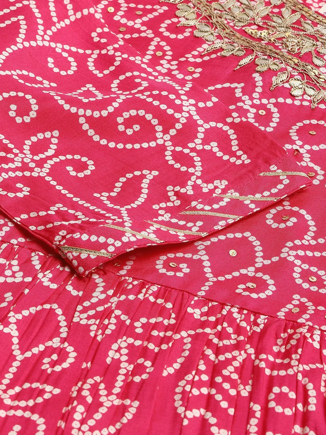 Women Pink Muslin Bandhani Printed Embroidary Peplum Kurta Sharara Set With Dupatta