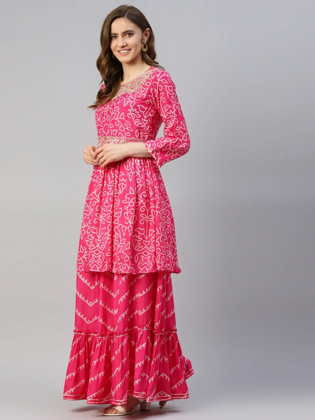 Women Pink Muslin Bandhani Printed Embroidary Peplum Kurta Sharara Set With Dupatta
