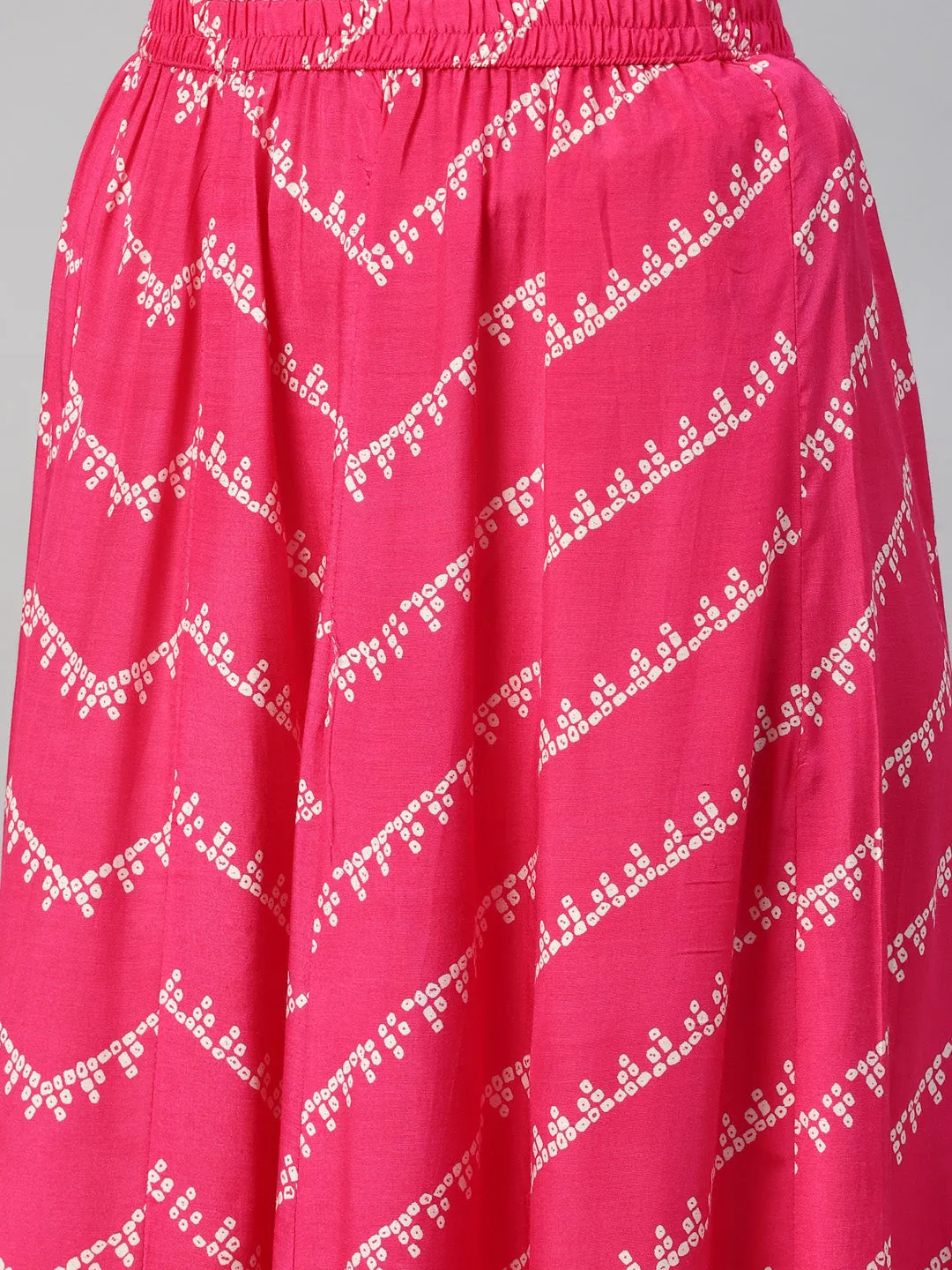 Women Pink Muslin Bandhani Printed Embroidary Peplum Kurta Sharara Set With Dupatta