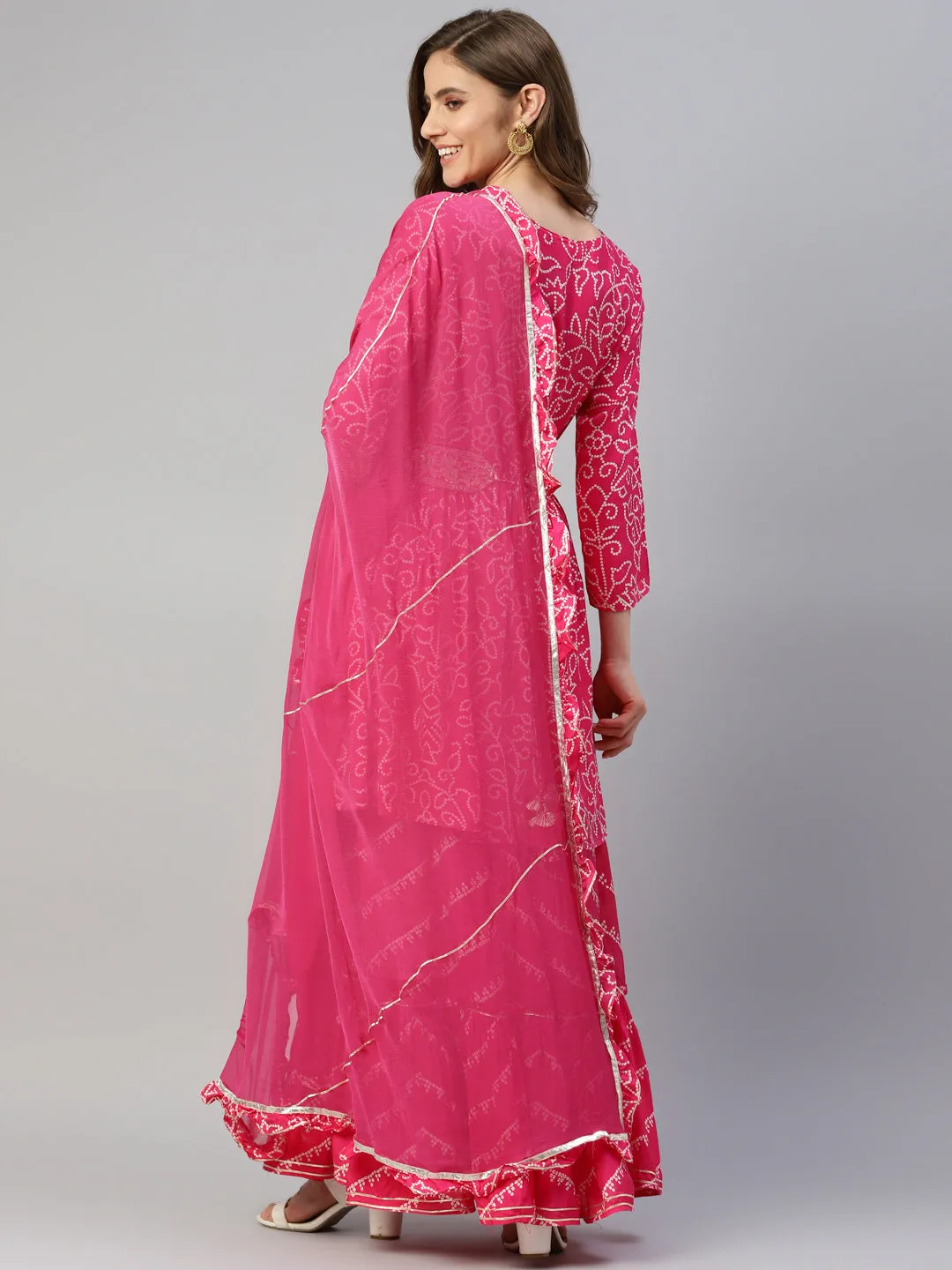 Women Pink Muslin Bandhani Printed Embroidary Peplum Kurta Sharara Set With Dupatta