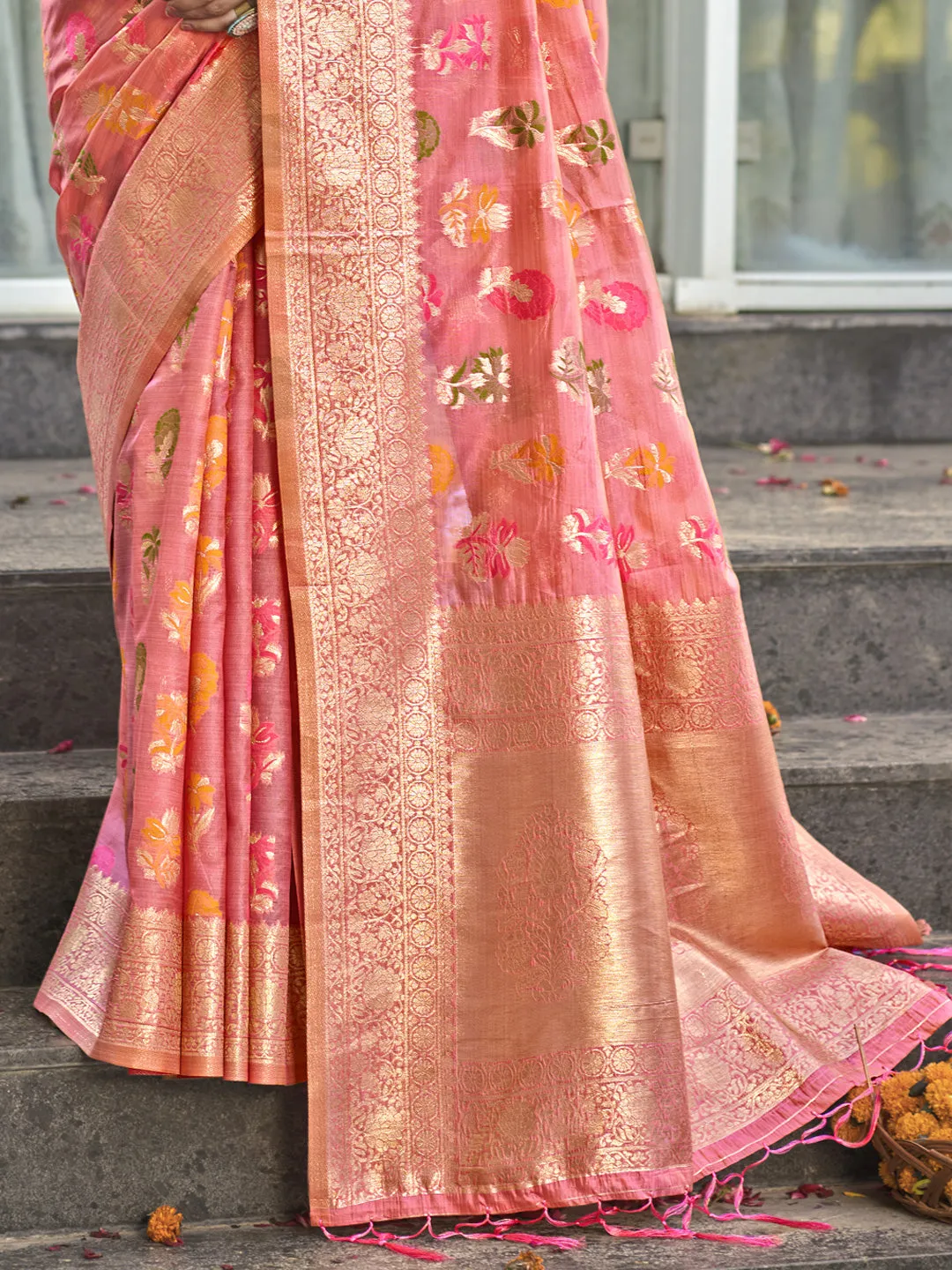 Women Pink Organza Saree With Un Stitched Blouse