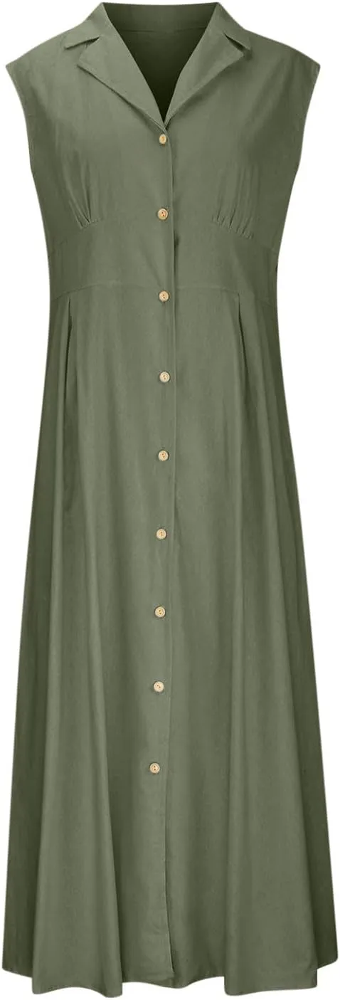 Womens Cotton Linen Button Down Shirt Dress Sleeveless Business Casual Collared Work Dresses Summer Clothes Outfits