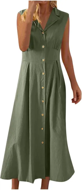 Womens Cotton Linen Button Down Shirt Dress Sleeveless Business Casual Collared Work Dresses Summer Clothes Outfits