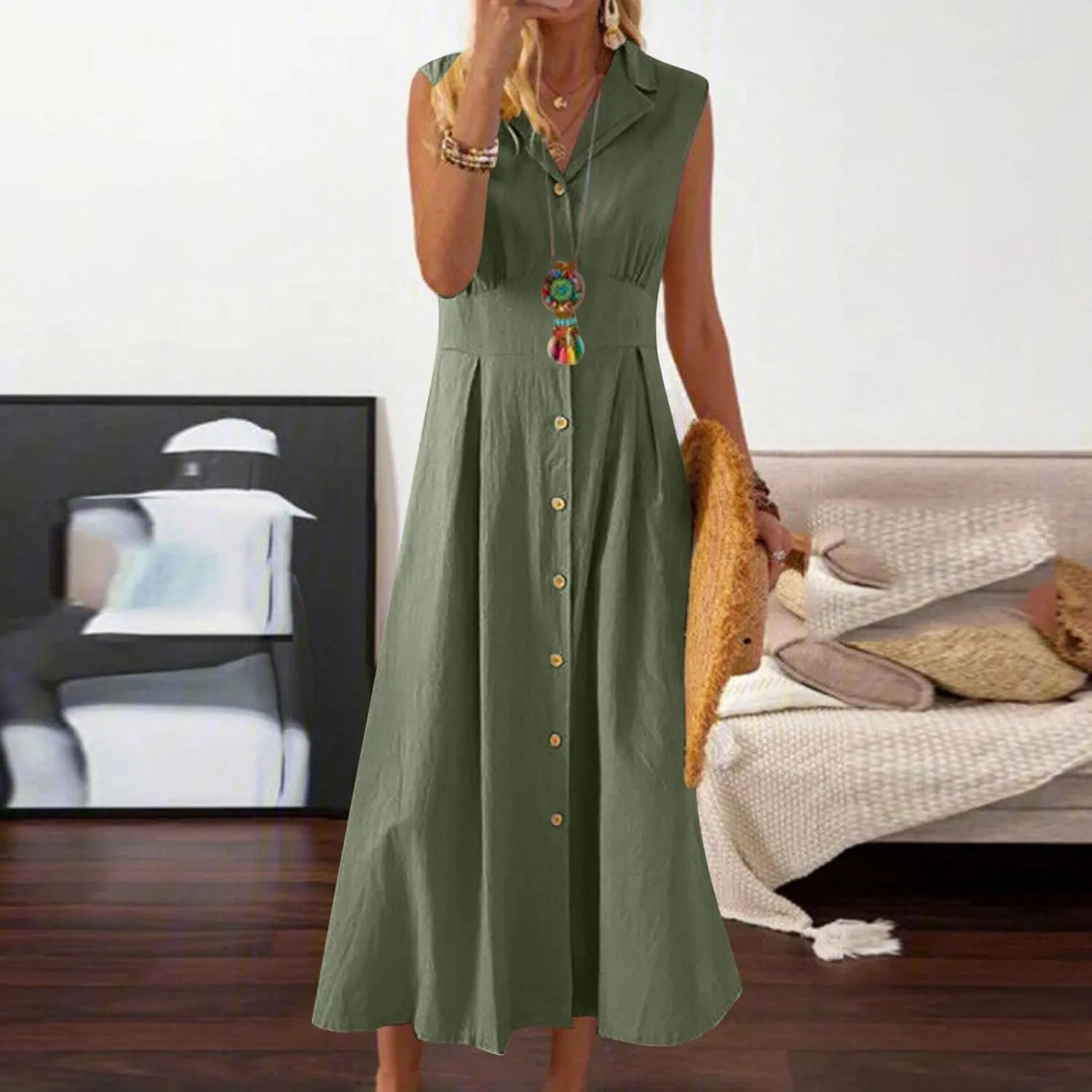 Womens Cotton Linen Button Down Shirt Dress Sleeveless Business Casual Collared Work Dresses Summer Clothes Outfits