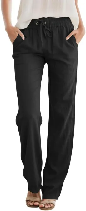 Womens High Waist Summer Casual Pants Drawstring Straight Leg Beach Vacation Lounge Pocket Linen Trousers