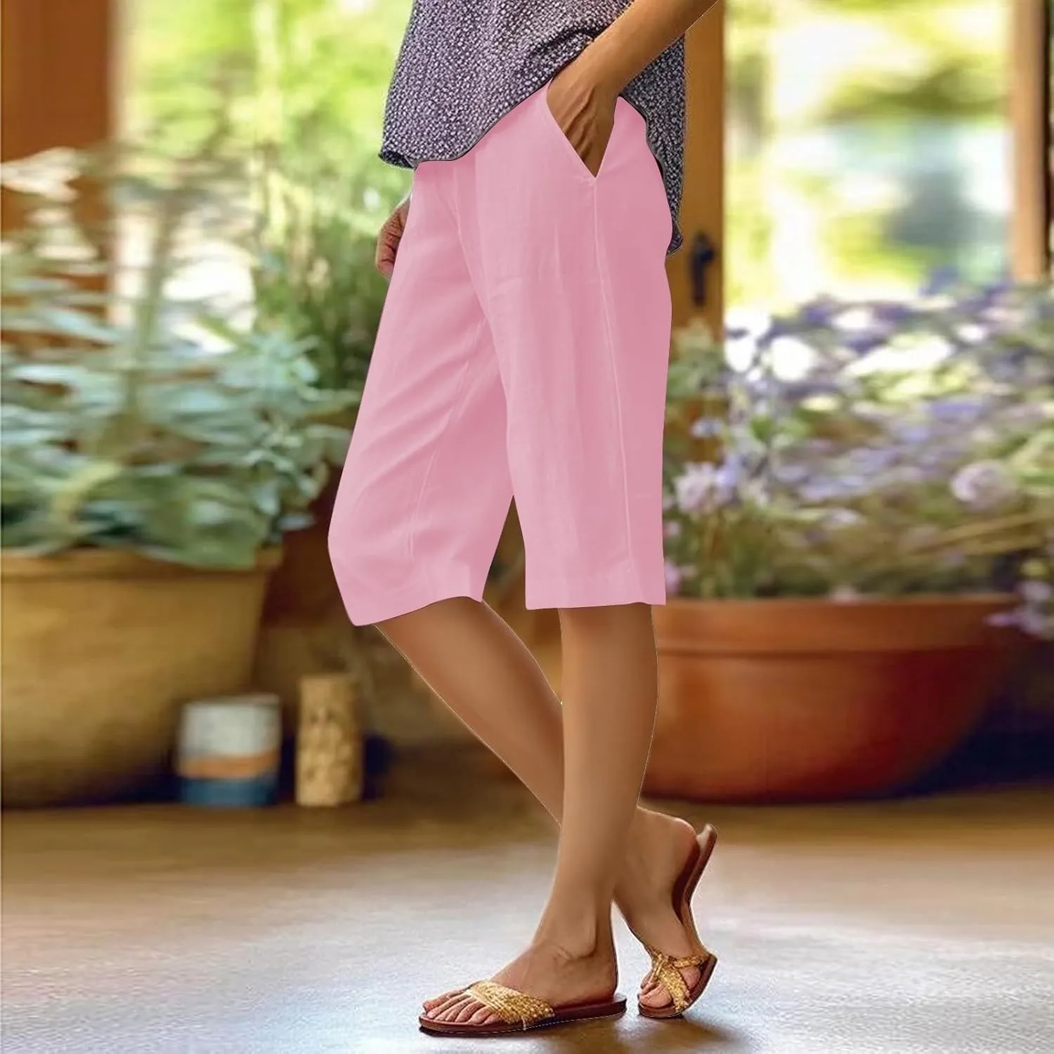 Women's Pedal Pushers Linen Bermuda Shorts Wide Leg Cropped Pants Casual Palazzo Pant with Pockets