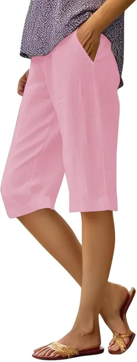Women's Pedal Pushers Linen Bermuda Shorts Wide Leg Cropped Pants Casual Palazzo Pant with Pockets
