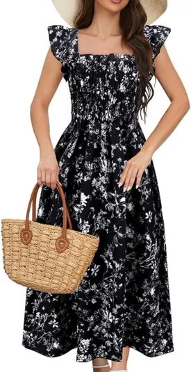 Women's Spring Dresses 2025 Square Neck Cap Ruffle Sleeve Boho Floral High Waist Aline Corset Midi Dress, S-XL