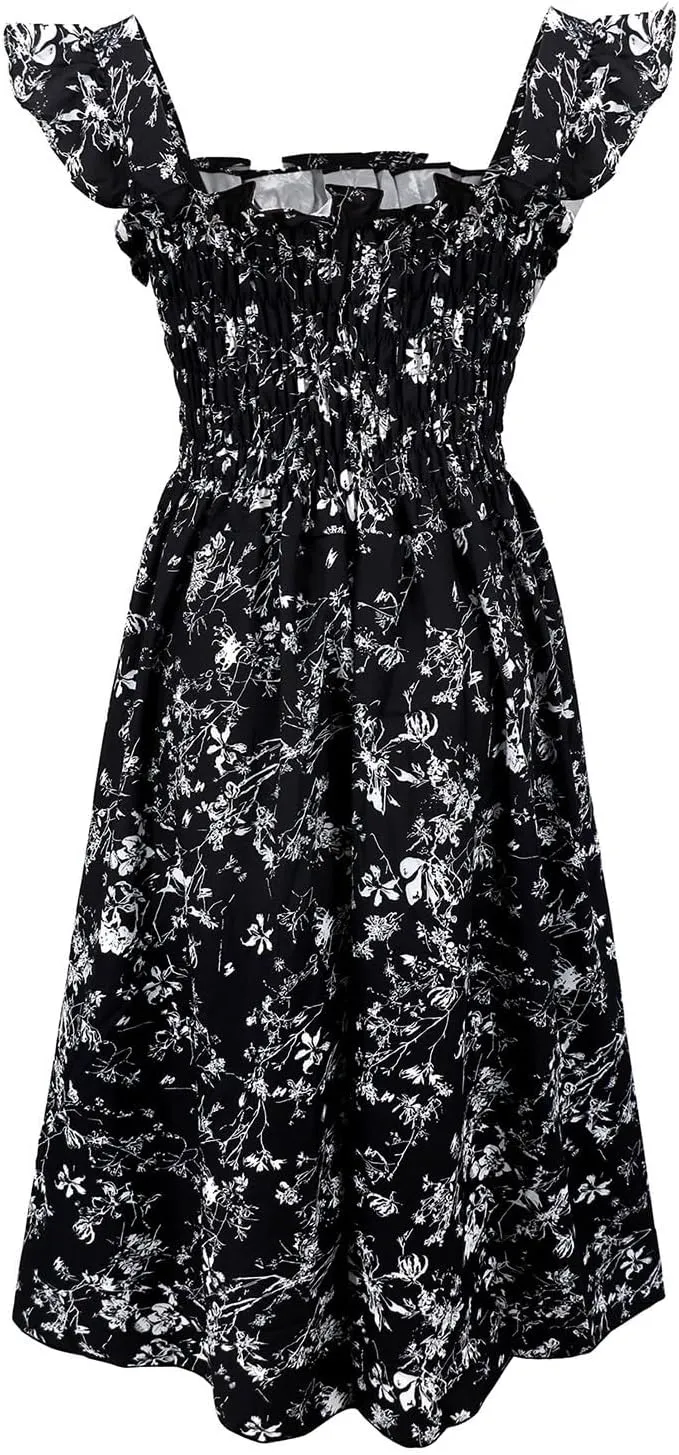 Women's Spring Dresses 2025 Square Neck Cap Ruffle Sleeve Boho Floral High Waist Aline Corset Midi Dress, S-XL