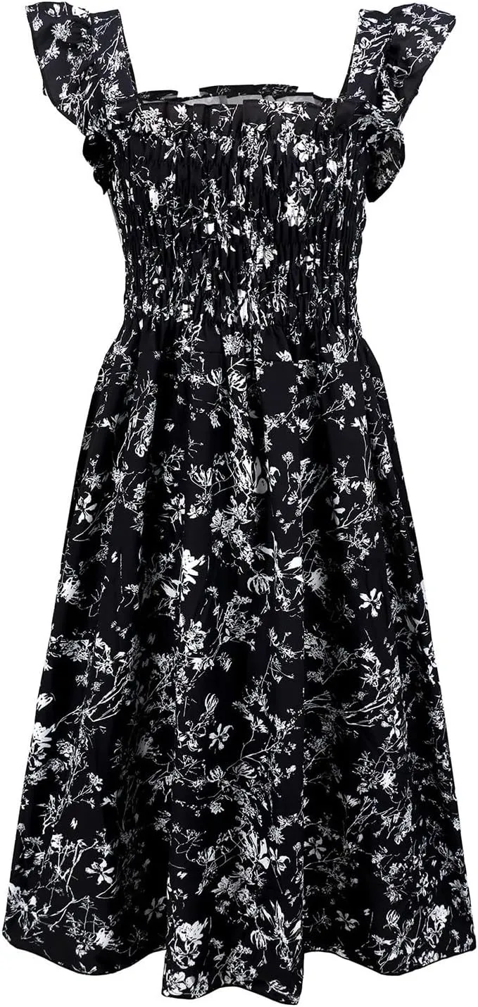 Women's Spring Dresses 2025 Square Neck Cap Ruffle Sleeve Boho Floral High Waist Aline Corset Midi Dress, S-XL