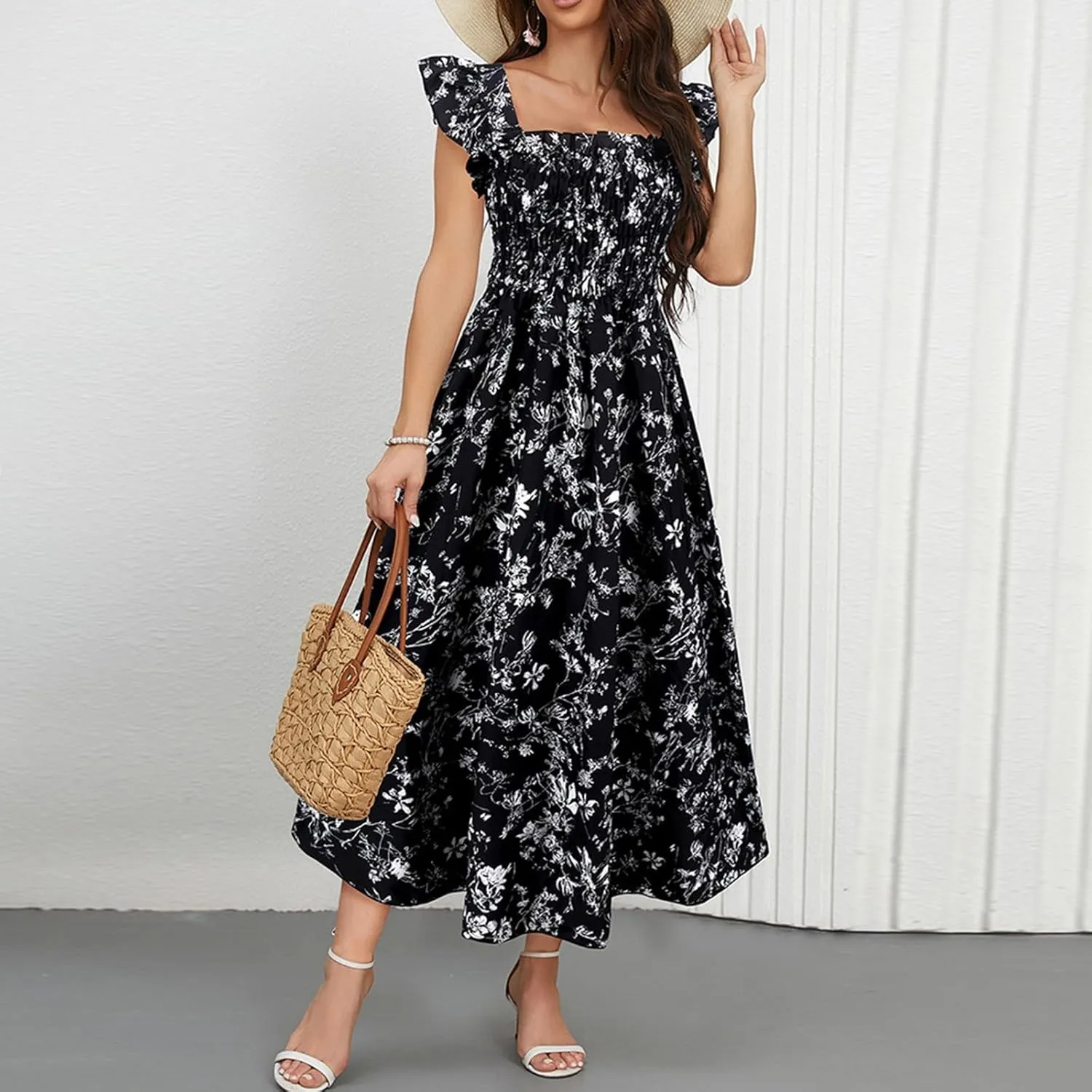 Women's Spring Dresses 2025 Square Neck Cap Ruffle Sleeve Boho Floral High Waist Aline Corset Midi Dress, S-XL